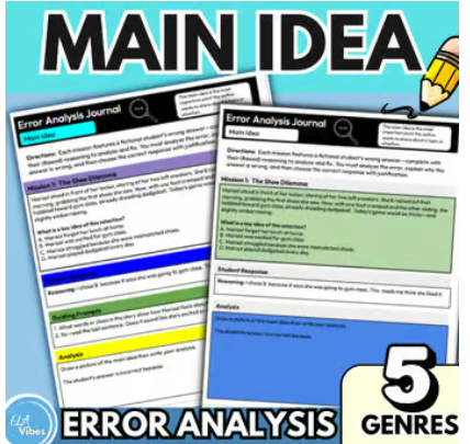 Main Idea and supporting details error analysis for 3rd-5th grade worksheets.